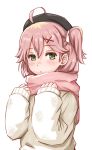  1girl ahoge alternate_costume blush eyebrows_visible_through_hair green_eyes hair_between_eyes hair_ornament hairclip hat highres hololive ist_lei_mikan long_sleeves pink_hair pink_scarf sakura_miko scarf solo virtual_youtuber white_background x_hair_ornament 