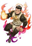  1boy alejandro_tio bara black_bodysuit black_hair bodysuit bulge chest facial_hair fire from_above full_body halo male_focus muscle pelvic_curtain short_hair solo stubble thick_thighs thighs tokyo_houkago_summoners white_background yellow_eyes zabaniya_(tokyo_houkago_summoners) 