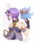  39_bukun bare_shoulders bite_mark bleeding blood blue_eyes broken broken_horn chain character_request circlet copyright_request fire flaming_eyes floating_skull gem glowing glowing_eyes highres horns injury parted_lips purple_hair red_eyes short_hair single_horn skull upper_body 