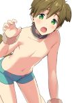  1boy animal_ears blush brown_hair claw_pose collar dog_boy dog_ears dog_tail extra_ears free! funikurikurara green_eyes looking_at_viewer male_focus male_swimwear navel no_nipples open_mouth simple_background solo swim_briefs swimwear tachibana_makoto tail white_background 