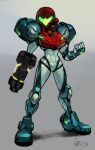  1girl alex_ahad arm_cannon clenched_hand full_body glowing grey_background helmet highres looking_at_viewer metroid metroid_dread power_armor samus_aran solo standing weapon 
