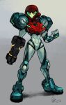  1girl alex_ahad arm_cannon clenched_hand full_body grey_background helmet highres looking_at_viewer metroid metroid_dread power_armor samus_aran solo standing weapon 