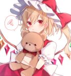  +_+ 1girl back_bow blonde_hair blush bow commentary_request crossed_arms crystal dutch_angle eyebrows_visible_through_hair flandre_scarlet frown glint hat hat_bow highres holding holding_stuffed_toy looking_at_viewer mob_cap one_side_up plaid plaid_bow plaid_neckwear puffy_short_sleeves puffy_sleeves red_bow red_eyes red_skirt red_vest short_hair short_sleeves simple_background skirt solo spoken_squiggle squiggle stuffed_animal stuffed_toy symbol_commentary teddy_bear touhou upper_body vest white_background wings yurui_tuhu 