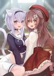  2girls :3 :d absurdres ahoge animal_ears beret black_legwear blurry blurry_background blush bone_hair_ornament braid brown_eyes brown_hair cat_ears cat_tail choker commentary_request coppelia_(futamine) crop_top depth_of_field dog_ears dog_tail eyebrows_visible_through_hair hair_between_eyes hair_ornament hairband hat highres hololive inugami_korone kneehighs long_hair multiple_girls nekomata_okayu open_mouth purple_hair red_skirt shirt sitting skirt smile tail twin_braids violet_eyes virtual_youtuber white_shirt 