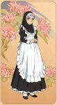  1girl apron closed_mouth cuffs eyebrows floral_background flower frilled_apron frills high_heels hijab long_skirt looking_at_viewer maid maid_apron maid_dress maid_headdress original skirt smile solo suzushiro_(suzushiro333) 