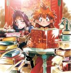  2girls :t araizumi_rui black_cat blue_eyes blush book book_stack cat chin_rest circlet holding holding_book lantern lens_flare lina_inverse long_hair multiple_girls naga_the_serpent official_art open_book purple_hair red_eyes redhead scroll sitting slayers smile table too_many 