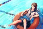  1girl brown_hair frown highres innertube long_hair no_shoes original pool school_uniform see-through serafuku shirt socks solo water wet wet_clothes wet_hair wet_shirt yoshimori_isa 