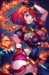  1girl breasts fingerless_gloves fire gloves highres large_breasts pyra_(xenoblade) red_eyes redhead short_hair shorts skindentation thigh-highs thighs watermark xenoblade_chronicles_(series) xenoblade_chronicles_2 yagi_(kyuhyun) 