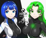  2girls black_bodysuit blue_eyes blue_hair bodysuit breasts closed_mouth commentary_request covered_collarbone green_eyes green_hair impossible_bodysuit impossible_clothes jacket jazz_jack large_breasts logo long_hair looking_at_viewer multiple_girls original personification playstation_5 short_hair skin_tight smile upper_body white_jacket xbox_series_x 
