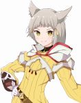  1girl animal_ears bangs blunt_bangs bodysuit cat_ears flat_chest genbu_(user_unhx5348) gloves highres looking_at_viewer nia_(xenoblade) short_hair silver_hair simple_background smile solo white_background white_gloves xenoblade_chronicles_(series) xenoblade_chronicles_2 yellow_bodysuit yellow_eyes 