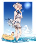  1girl absurdres animal_ears arknights bare_legs bear_ears bikini blonde_hair blue_bikini blue_sky blush breasts clouds cloudy_sky commentary cropped_shirt dated_commentary day eyebrows_visible_through_hair food food_on_face frying_pan gummy_(arknights) hair_ribbon hat highres holding holding_food holding_frying_pan ice_cream innertube karasu_btk lens_flare looking_at_viewer mini_hat ocean open_mouth outdoors red_eyes ribbon sailor_collar see-through see-through_skirt shirt short_hair skirt sky small_breasts smile solo sun swimsuit twintails wading white_shirt wristband 