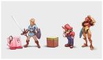  1girl 2boys arm_cannon block blush chin_stroking copy_ability cube facial_hair gloves grey_background hand_on_hip hat highres holding holding_shield holding_sword holding_weapon hylian_shield kirby kirby_(series) link looking_at_another mario super_mario_bros. master_sword metroid minecraft multiple_boys mustache nin_nakajima overalls ponytail power_armor red_headwear red_shirt samus_aran scratching_head shield shirt shovel simple_background super_smash_bros. sword the_legend_of_zelda the_legend_of_zelda:_breath_of_the_wild tunic weapon white_gloves 