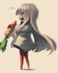  1girl absurdres carrot dress eye_(okame_nin) fewer_digits food from_side full_body grey_background grey_dress grey_hair grey_skin highres holding holding_food holding_vegetable long_hair long_sleeves no_feet okame_nin open_mouth original rags red_eyes sharp_teeth short_dress sideways_mouth simple_background solo standing teeth vegetable very_long_hair 