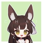  animal_ears atelier_live bow chai_(yueko_(jiayue_wu)) chibi crescent crescent_earrings earrings english_commentary green_background indie_virtual_youtuber jewelry lowres open_mouth shirt virtual_youtuber white_shirt yueko_(jiayue_wu) 