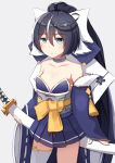  +_+ 1girl ahoge azur_lane bangs bare_shoulders black_hair blue_eyes blush bow choker closed_mouth cowboy_shot detached_sleeves expressionless eyebrows_visible_through_hair fuki_to_takenoko grey_background hair_between_eyes hair_bow holding holding_sword holding_weapon long_hair long_sleeves looking_at_viewer multicolored_hair ponytail simple_background single_thighhigh sleeves_past_wrists solo streaked_hair sword thigh-highs very_long_hair weapon white_legwear wide_sleeves yoizuki_(azur_lane) 