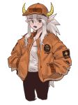  1girl artist_name bangs baseball_cap blush bomber_jacket brown_eyes commentary_request contemporary cowboy_shot cropped_legs demon_girl demon_horns eungi eyebrows_visible_through_hair hair_between_eyes hands_in_pockets hat highres horns horns_through_headwear jacket jewelry korean_commentary long_hair looking_at_viewer messy_hair open_clothes open_jacket open_mouth orange_headwear orange_jacket orange_shirt original oversized_clothes pants patch pointy_ears ponytail sharp_teeth shirt sidelocks simple_background solo standing symbol-shaped_pupils teeth transparent_background very_long_hair white_background white_shirt yellow_pupils 