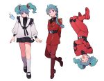  1girl alternate_costume aqua_hair blue_eyes boots braid char&#039;s_counterattack gloves gundam long_hair mary_janes military military_uniform multiple_persona pilot_suit quess_paraya sakanaokashi shoes skirt smile spacesuit twintails uneven_twintails uniform 