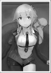  1girl absurdres bangs cosplay eimusu_(yassun83) eyebrows_visible_through_hair greyscale hair_flaps hair_ribbon highres kantai_collection lips long_hair midriff monochrome navel necktie ponytail ribbon shirt sidelocks single_leg_pantyhose sitting skirt smile solo south_dakota_(kantai_collection) south_dakota_(kantai_collection)_(cosplay) star_(symbol) very_long_hair vest yura_(kantai_collection) 