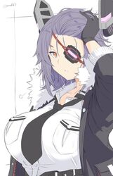  1girl adjusting_hair arm_up black_gloves black_jacket black_neckwear breasts eyepatch fur_collar gloves headgear jacket kantai_collection kichihachi large_breasts mechanical_halo medium_hair necktie partly_fingerless_gloves purple_hair tenryuu_(kantai_collection) yellow_eyes 