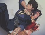  1boy 1girl black_hair cigarette cowboy_bebop crossed_arms eye_contact faye_valentine formal hairband looking_at_another necktie purple_hair sakanaokashi short_hair shorts sitting smoking spike_spiegel suit thigh-highs yellow_hairband yellow_shorts 