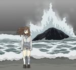  1girl beach brown_footwear brown_hair clenched_hands geee529 grey_sky highres long_hair looking_at_viewer ocean orange_eyes original outdoors rock sand skirt sleeves_past_wrists socks solo standing water waves white_legwear wind 