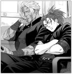  2boys alternate_costume bangs belt beowulf_(fate/grand_order) black_pants bus chest couple crossed_arms fate/grand_order fate_(series) gakuran greyscale ground_vehicle head_on_another&#039;s_shoulder li_shuwen_(fate) light_smile long_hair looking_at_another monochrome motor_vehicle multiple_boys muscle pants parted_bangs ponytail renga2250 scar school_uniform short_hair sleeping sleeping_on_person sleeping_upright spiky_hair 