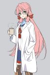  1girl akashi_(kantai_collection) bespectacled blue_sailor_collar blue_skirt commentary_request cup glasses green_eyes grey_background hair_ribbon hand_in_pocket highres kantai_collection labcoat long_hair looking_at_viewer mug pink_hair pleated_skirt ribbon sailor_collar school_uniform senbei_(senbe_i) serafuku simple_background skirt solo thigh-highs tress_ribbon 
