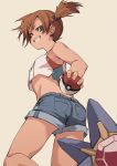  1girl armpits bare_shoulders blue_eyes blue_shorts brown_hair crop_top crop_top_overhang denim denim_shorts fu-ta gen_1_pokemon grin holding long_hair looking_at_viewer looking_back midriff misty_(pokemon) poke_ball poke_ball_(basic) pokemon pokemon_(anime) pokemon_(classic_anime) pokemon_(creature) shirt short_shorts shorts side_ponytail simple_background sleeveless sleeveless_shirt smile solo starmie thighs twisted_torso white_shirt 