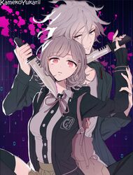  1boy 1girl animal_ears arm_up backpack bag bangs black_jacket black_legwear blood breasts brown_skirt cat_bag cat_ears collarbone collared_shirt commentary dangan_ronpa eyebrows_visible_through_hair fake_animal_ears flipped_hair green_jacket grey_hair hair_ornament hairclip holding holding_knife holding_weapon hood hood_down hooded_jacket injury jacket kamekoyukarii knife komaeda_nagito long_sleeves medium_breasts nanami_chiaki neck_ribbon parted_lips pink_bag pink_blood pink_eyes pink_ribbon pleated_skirt ribbon shirt short_hair skindentation skirt sleeves_past_wrists super_dangan_ronpa_2 thigh-highs weapon white_shirt zettai_ryouiki 