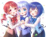  3girls blue_eyes blue_hair blush bow bowtie closed_eyes fang hair_ornament holding_hands hug jouga_maya kafuu_chino long_hair mozukun43 multiple_girls natsu_megumi open_mouth red_eyes redhead short_hair simple_background smile twintails x_hair_ornament 