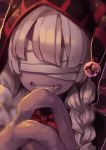  1girl absurdres bandaged_head bandages bandages_over_eyes bow bowtie braid covered_eyes facing_viewer highres hood hood_up kuda_(okame_nin) okame_nin original purple_skin red_neckwear sharp_teeth smile solo teeth twin_braids upper_body white_hair 