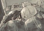  2girls alarm_clock bed blush cellphone chibi clock eye_contact greyscale holding_hands indoors kemuribata kuroki_tomoko long_hair looking_at_another monochrome multiple_girls phone short_hair smartphone tissue_box uchi_emiri under_covers watashi_ga_motenai_no_wa_dou_kangaetemo_omaera_ga_warui! yuri 