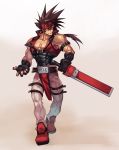  1boy bara bare_shoulders belt_buckle brown_hair buckle chest covered_abs fingerless_gloves full_body gloves guilty_gear harness headgear holding holding_weapon long_hair male_focus muscle na_insoo open_clothes pelvic_curtain ponytail shiny shiny_skin shoes simple_background sleeveless sol_badguy solo spiky_hair standing thighs tight weapon yellow_eyes 