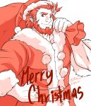  1boy alternate_costume beard christmas coat facial_hair fate/grand_order fate/zero fate_(series) fur-trimmed_coat fur_trim gift_bag hair_ornament hand_on_hip hat highres iskandar_(fate) leaf_hair_ornament looking_at_viewer male_focus merry_christmas muscle partially_colored red_eyes redhead rubicon-emperor santa_costume santa_hat short_hair smile upper_body 