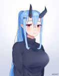  1girl absurdres blue_hair blush breasts demon_girl demon_horns hair_ornament highres horns keokz large_breasts long_hair looking_at_viewer pointy_ears ponytail red_eyes shy simple_background turtleneck 