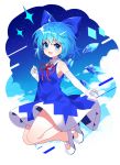  1girl :d ahoge bangs bare_shoulders blue_bow blue_dress blue_eyes blue_hair blue_wings bow cirno collared_shirt day detached_wings dress elbow_gloves eyebrows_visible_through_hair full_body gloves hair_between_eyes hair_bow highres ice ice_wings looking_at_viewer neck_ribbon open_mouth red_ribbon ribbon shirt shoes short_hair sleeveless sleeveless_dress sleeveless_shirt smile solo touhou uwabaki white_footwear white_gloves white_shirt wings yuujin_(yuzinn333) 