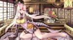  1girl absurdres bed breasts chinese_clothes commentary_request detached_sleeves flower full_body gem genshin_impact hair_ornament hairpin highres long_hair looking_at_viewer ningguang no_shoes red_eyes silver_hair smile solo vase 