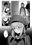  1boy 1girl ? arms_behind_back artoria_pendragon_(all) artoria_pendragon_(caster) bangs beret blush breasts buttons cape chaldea_uniform closed_mouth dress fate/grand_order fate_(series) fingers_together fujimaru_ritsuka_(male) greyscale hat heart highres hxd jacket light_smile long_hair medium_breasts monochrome short_hair sidelocks twintails 