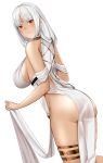  1girl ass azur_lane bare_shoulders blush breasts dark_skin dated dress eyebrows_visible_through_hair facial_mark forehead_mark from_behind highres kirumo large_breasts long_hair looking_at_viewer looking_back massachusetts_(azur_lane) massachusetts_(dressed_to_impress)_(azur_lane) native_american parted_lips redhead see-through signature simple_background sleeveless sleeveless_dress solo standing sweat thigh-highs thighlet white_background white_dress white_hair 