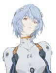  1girl arms_at_sides ayanami_rei bangs blue_hair bodysuit breasts chromatic_aberration commentary covered_collarbone face hair_between_eyes head_tilt high_collar interface_headset kgeroua looking_at_viewer medium_breasts neon_genesis_evangelion number pale_skin parted_lips plugsuit red_eyes red_pupils short_hair simple_background solo teeth upper_body white_background white_bodysuit 