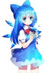  1girl absurdres alternate_hair_length alternate_hairstyle bangs blue_bow blue_dress blue_eyes blue_flower blue_hair blue_wings blush bow breasts cirno closed_mouth collared_shirt detached_wings dress eyebrows_visible_through_hair flower hair_bow highres holding holding_flower ice ice_wings long_hair looking_at_viewer pleated_dress puffy_short_sleeves puffy_sleeves red_bow shirt short_sleeves simple_background sleeveless sleeveless_dress small_breasts solo touhou very_long_hair white_background white_shirt wings yuujin_(yuzinn333) 