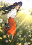  1girl anime_coloring artist_name barefoot black_hair blue_footwear blue_headwear blurry blurry_background blurry_foreground bow brown_eyes commentary_request dandelion day depth_of_field field flower flower_field from_side full_body grass grin hat hat_bow hat_ribbon holding holding_shoes ichimirenge long_hair long_skirt long_sleeves looking_at_viewer looking_back nature original outdoors pleated_skirt red_bow red_ribbon red_skirt ribbon scenery shirt shirt_tucked_in shoes shoes_removed shy skirt smile solo spring_(season) standing sun_hat sunlight tree twitter_username white_shirt wind 