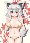  1girl absurdres animal_ears blush breasts double_v eyebrows_visible_through_hair fang groin hands_up hat highres inubashiri_momiji large_breasts leaf looking_at_viewer navel red_eyes riru_neko short_hair silver_hair solo swimsuit tail tokin_hat touhou v wolf_ears wolf_tail 