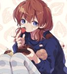  1girl blue_legwear blue_sweater brown_hair cake cake_slice chocolate_cake closed_mouth expressionless food food_on_face fruit fruit_background hand_up holding holding_food holding_fruit ka_(marukogedago) looking_at_viewer low_twintails medium_hair original pantyhose sitting solo strawberry striped striped_legwear sweater twintails violet_eyes 