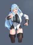  1girl bangs beeeeen_213 black_legwear blue_background breasts eb-48g_hraesvelgr headset impossible_clothes impossible_leotard large_breasts last_origin leotard light_blue_hair long_hair necktie simple_background solo thigh-highs yellow_eyes 