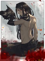  1boy bird black_hair choker crow fingerless_gloves gloves guilty_gear guilty_gear_xx kyo_niku long_hair looking_at_viewer red_eyes testament_(guilty_gear) 