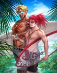  2boys abs alternate_costume bangs bara bare_chest beach beowulf_(fate/grand_order) black_eyes blonde_hair carrying_under_arm chest chinese_clothes fate/grand_order fate_(series) feet_out_of_frame highres holding holding_surfboard li_shuwen_(fate) long_hair male_swimwear multiple_boys muscle navel nipples parted_bangs plant ponytail red_eyes redhead renga2250 scar shell shirtless short_hair spiky_hair sunglasses surfboard swim_briefs swimwear toned toned_male tree 