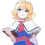  1girl alice_margatroid blonde_hair blue_dress blue_eyes book capelet commentary dress eyebrows_visible_through_hair hairband holding holding_book jill_07km looking_at_viewer parted_lips puffy_short_sleeves puffy_sleeves red_neckwear short_hair short_sleeves signature simple_background solo touhou upper_body wavy_hair white_background 