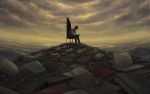  1boy black_hair book chair clouds cloudy_sky ka92 open_book original pile_of_books reading river scenery sitting sky solo 