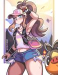  1girl :o absurdres armlet bare_shoulders baseball_cap black_vest blush brown_hair clouds denim denim_shorts gen_5_pokemon hat highres hilda_(pokemon) long_hair mountain mountainous_horizon poke_ball pokemon pokemon_(creature) pokemon_(game) pokemon_bw sagas293 shading shorts sidelocks sweat sweatdrop tepig tied_hair upper_body vest white_background yellow_sky 